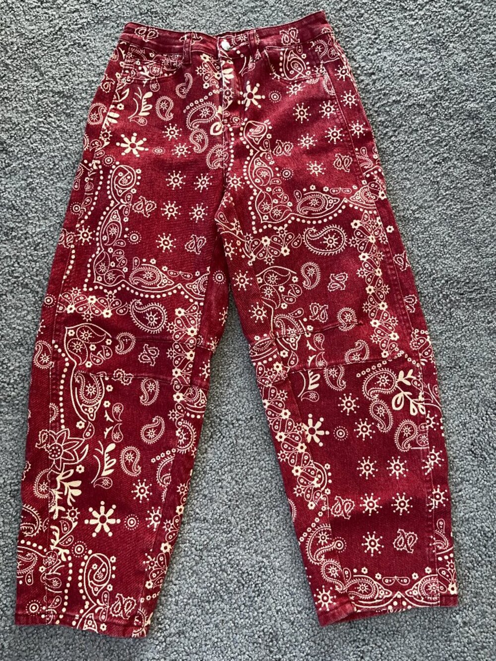 Loveimgs Bandana Paisley Barrel Jeans Western Cowgirl Burgundy Red - EUC - Small